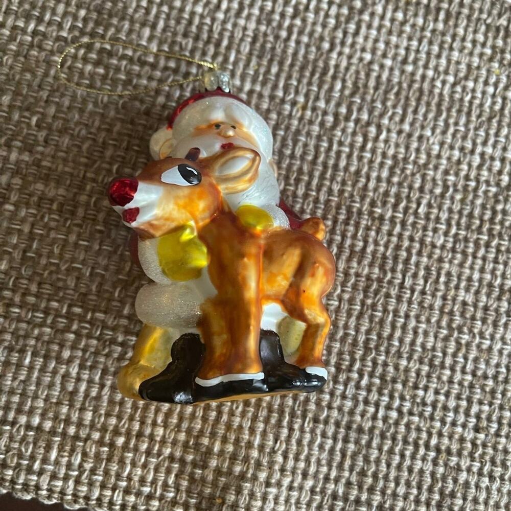 Kurt S. Adler Santa Claus and Rudolph the red nosed reindeer glass ornament 5”